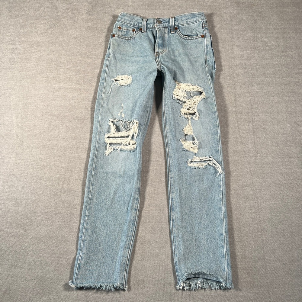 Levis Wedgie Distressed High Rise Straight Leg Jeans Womens 23 Light Blue Denim